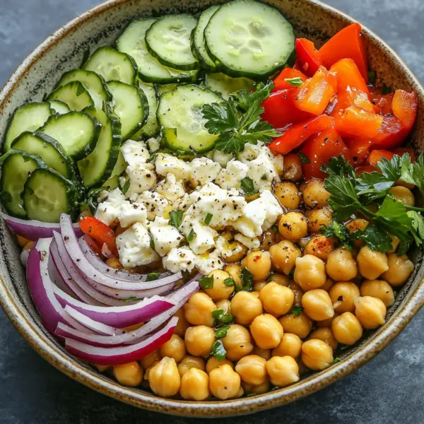 Gurkensalat mit Feta und Kichererbsen