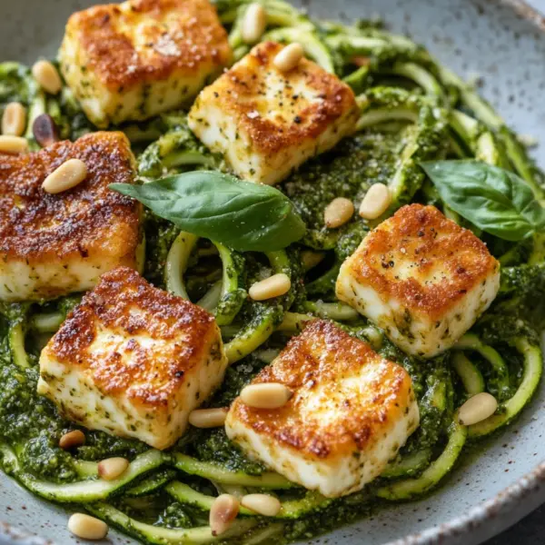 Halloumi mit Zucchini-Pesto-Nudeln