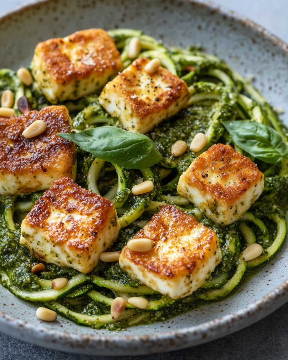 Halloumi mit Zucchini-Pesto-Nudeln
