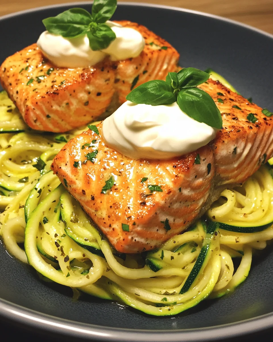 Kräuterlachs auf Zucchinipasta