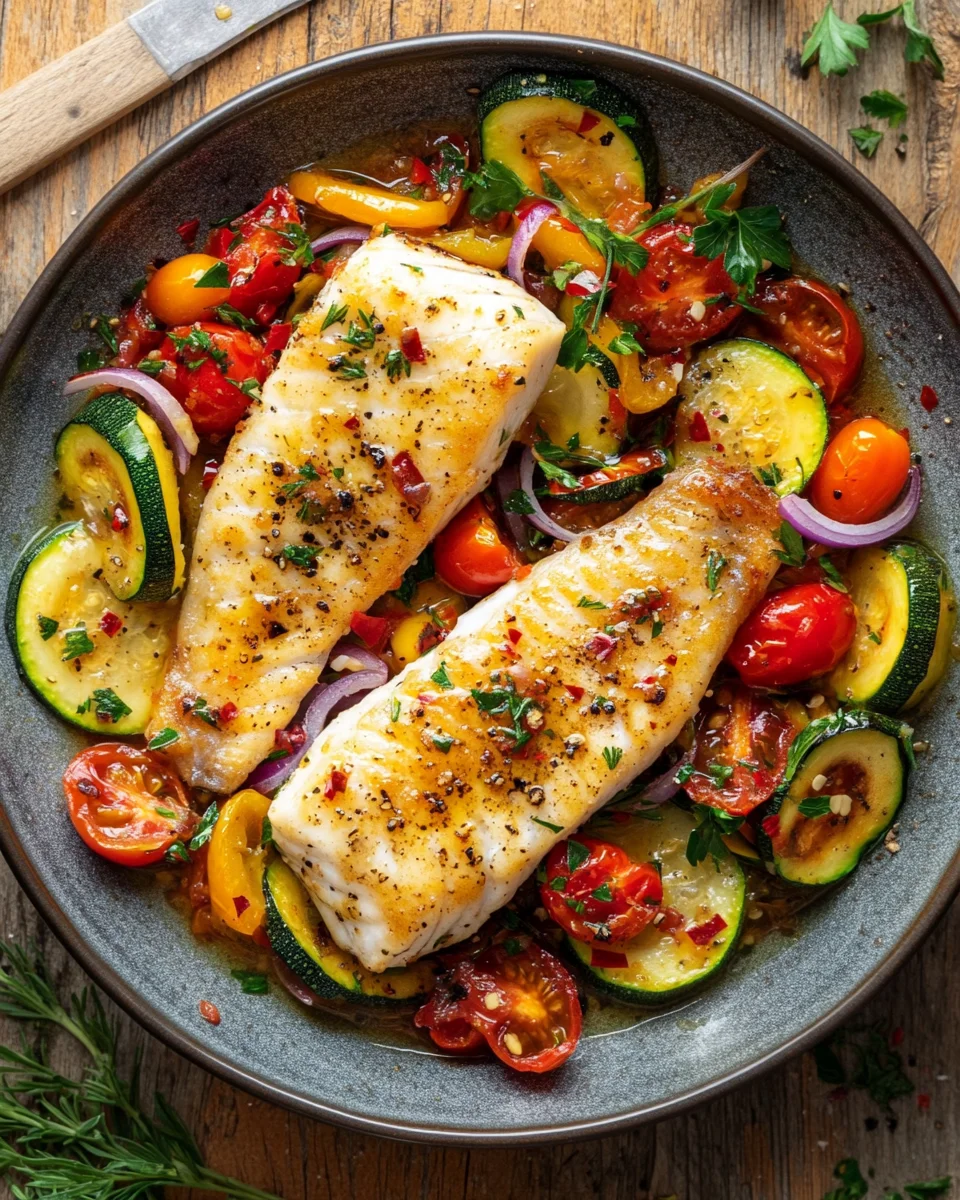 Mediterran Gebackene Fischfilets mit Gemüse