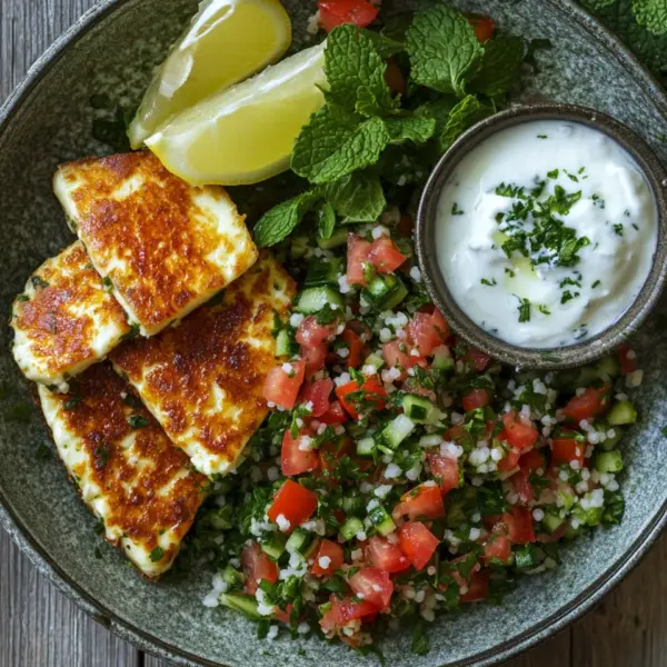 Würziger Halloumi mit Tabbouleh und Minzjoghurt